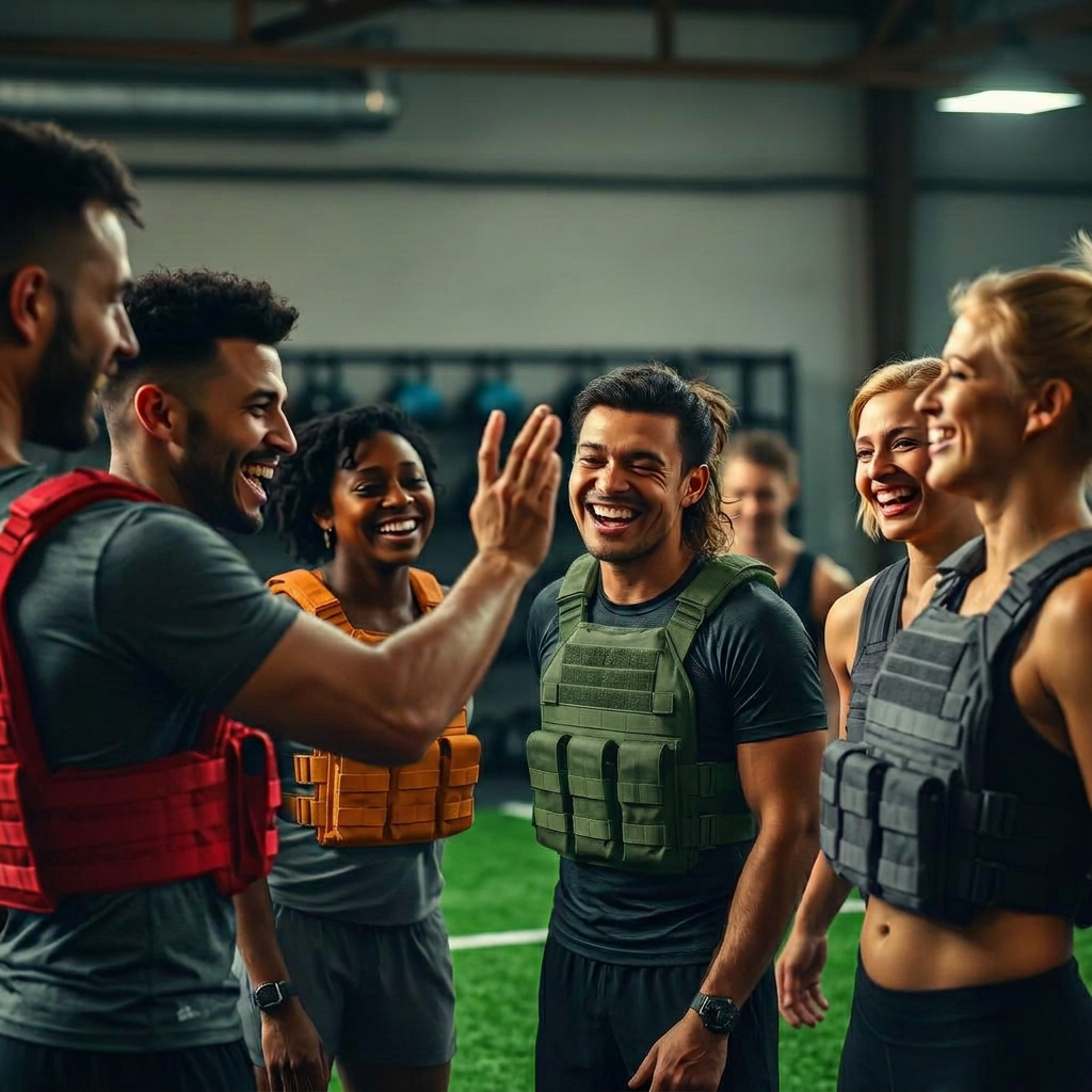 VestFit members laughing together after a training session.