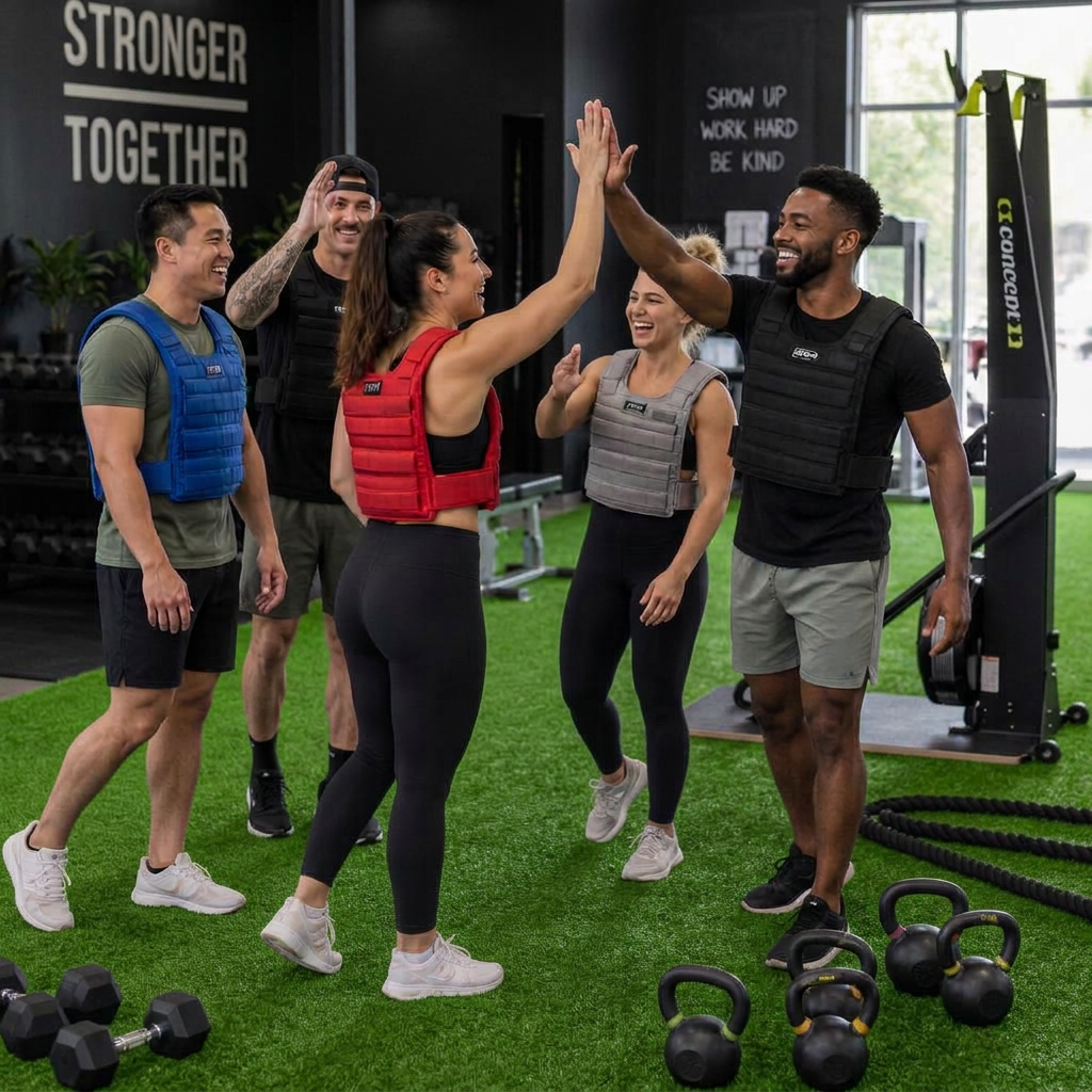 Group fitness class in weighted vests high-fiving each other after a workout.