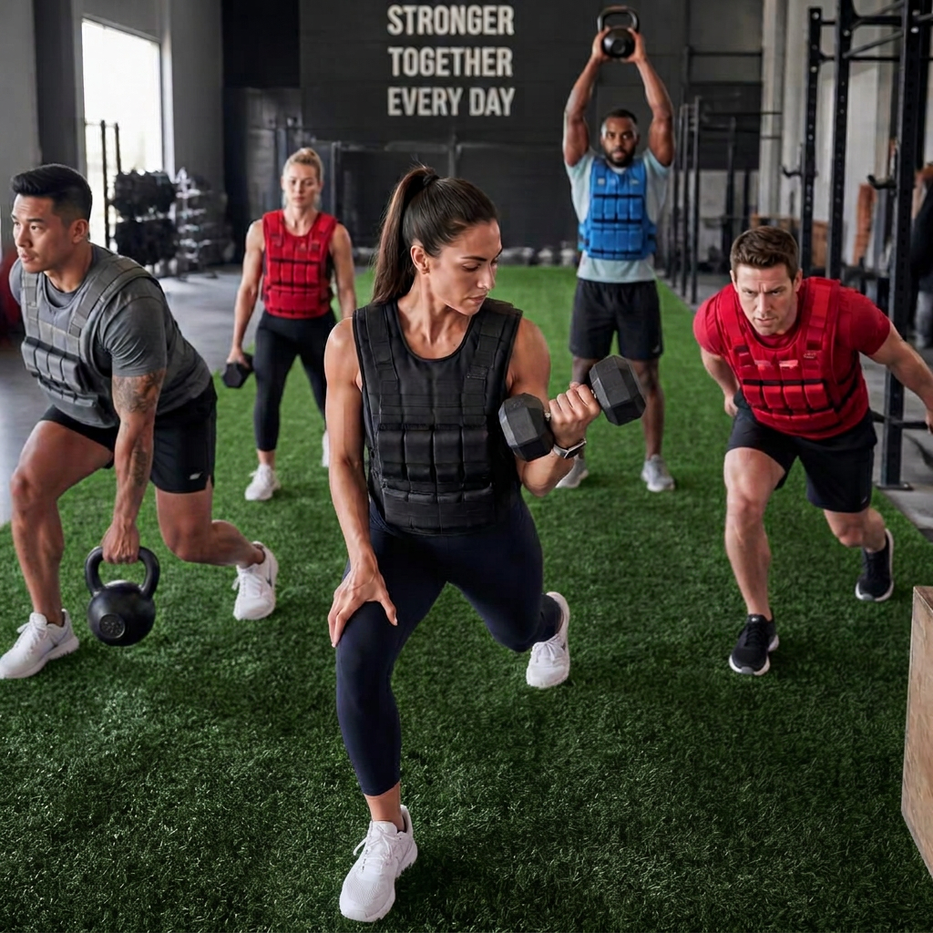 Group bootcamp class in weighted vests training with dumbbells and kettlebells.