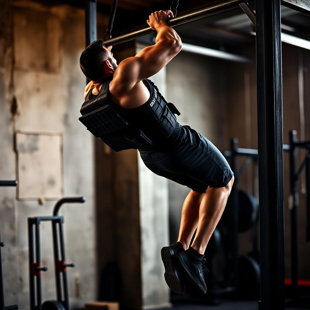 Focused athlete mid-training, weighted vest on shoulders.